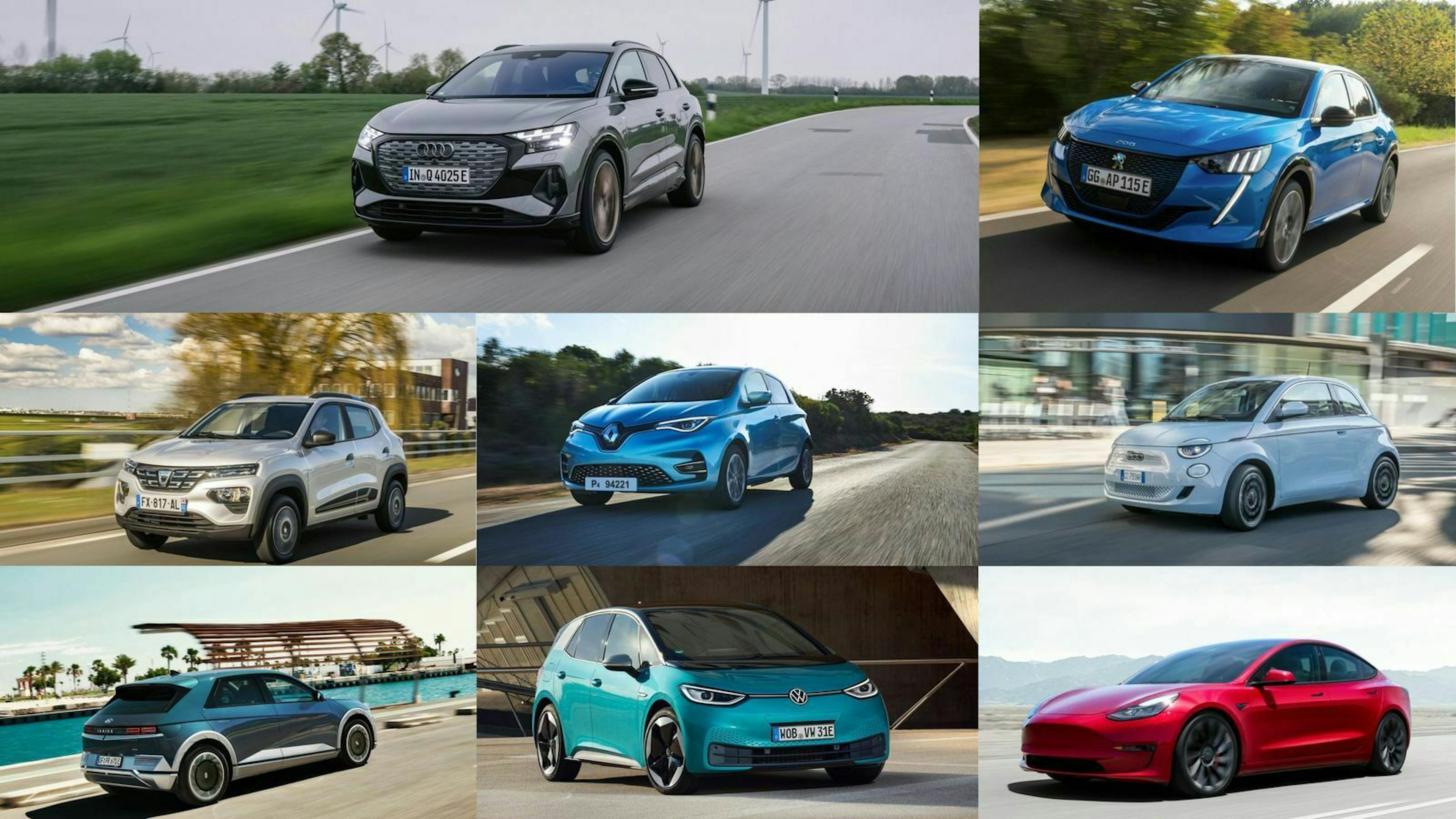 Fotomontage mit acht Elektroautos verschiedener Automarken