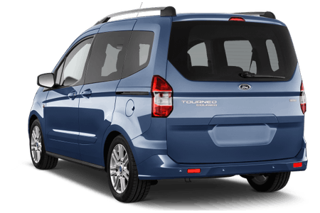 Blauer Ford Tourneo Courier von hinten, mit Seitentür und getönten Fenstern auf einem weißen Hintergrund.