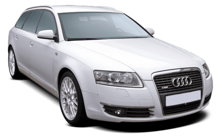 Weißer Audi Kombi mit glänzender Karosserie, Stilrichtung von vorne-links. Reifen und Fenster sind gut sichtbar.