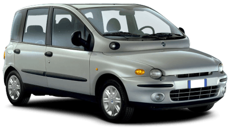 Silberner Minivan mit rundlichen Scheinwerfern und schwarzen Seitenspiegeln, abgebildet von vorne links.