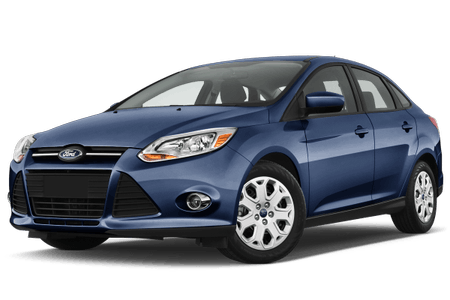 Blauer Ford Focus, viertürig, Frontansicht, auf weißem Hintergrund. Kompaktklasse mit silbernen Felgen und markantem Kühlergrill.