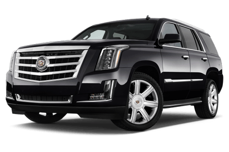 Schwarzer Cadillac SUV, Frontansicht. Robustes Design mit markantem Kühlergrill und großen Felgen. Moderner, luxuriöser Look.