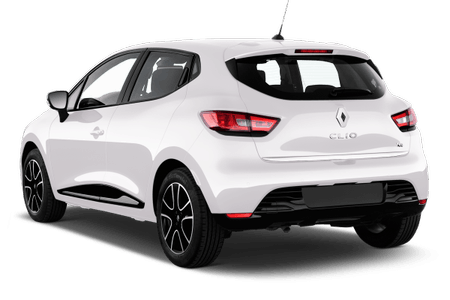 Weißer Renault Clio, Rückansicht, auf weißem Hintergrund. Fahrzeug mit schwarzen Felgen und modernen Heckleuchten.