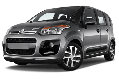 Grauer Citroën C3 Picasso auf weißem Hintergrund, Vorderansicht. Kompakter Minivan mit markantem Design und runden Scheinwerfern.