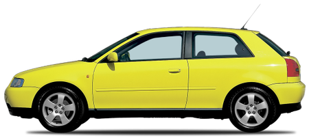 Gelber, kompakter Dreitürer mit schwarzen Umrandungen und sportlichem Design, seitlich fotografiert vor weißem Hintergrund.