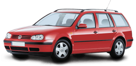 Roter VW Kombi mit sieben Speichenfelgen, Frontansicht von schräg links, auf transparentem Hintergrund.