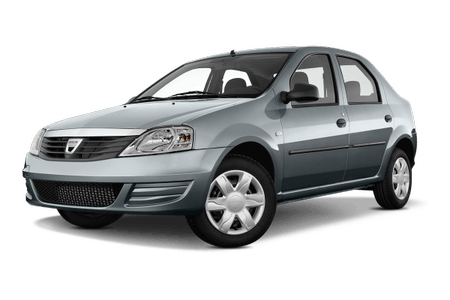 Silberner kompakter Pkw mit vier Türen, geparkte Ansicht. Der Wagen hat schwarze und silberne Radkappen. Klarer Himmel im Hintergrund.