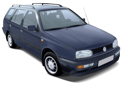 Dunkelblauer VW Golf Kombi mit Dachgepäckträger, weiße Felgen und Klarglas-Scheinwerfer, geparkt auf weißem Hintergrund.
