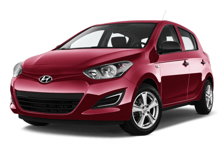 Roter Hyundai Kleinwagen, schräg von vorne fotografiert, auf weißem Hintergrund.