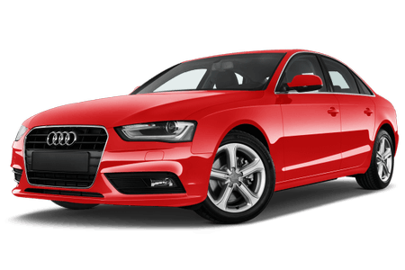 Roter Audi Limousine, seitliche Ansicht, mit sportlichem Design und silbernen Felgen.