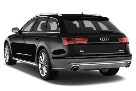 Schwarzer Audi Kombi, Heckansicht mit silbernen Akzenten, erkennbar am Audi-Logo und A6-Badge, auf transparentem Hintergrund.