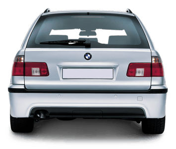 Silberner BMW-Kombi von hinten, Kennzeichenhalter leer, klare Rücklichter, symmetrisches Design, Dachgepäckträger sichtbar.