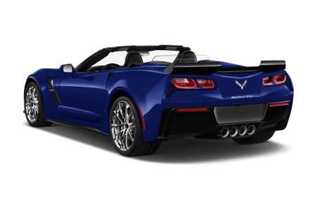 Blauer Sportwagen-Cabrio von hinten, mit offenem Dach, aggressiver Heckspoiler und vier Auspuffrohren.