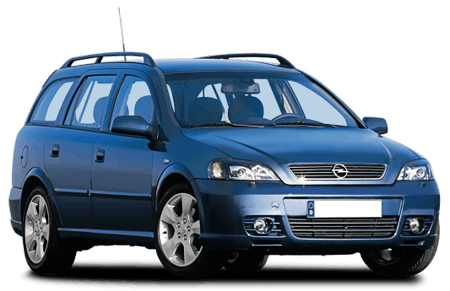 Blauer Kombi mit Dachreling und silbernen Felgen, Frontansicht. Automarke erkennbar durch Emblem am Kühlergrill.