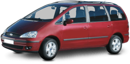 Roter Minivan mit vier Türen und getönten Fenstern, parkend auf einem transparenten Hintergrund.