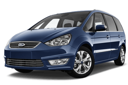 Blauer Ford Galaxy im Profil von vorne, geparkt auf weißem Hintergrund, mit silbernen Felgen und glänzender Karosserie.