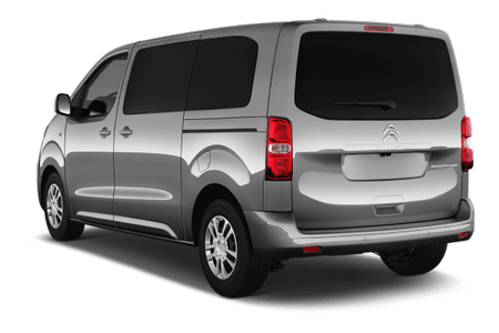 Silberner Citroën-Kleinbus, Rückansicht. Dunkle Fenster, runde Heckleuchten und dezenter Heckspoiler. Modernes Design.