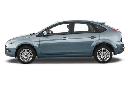 Blaues Auto der Kompaktklasse, seitlich aufgenommen, mit fünf Türen und silbernen Felgen.