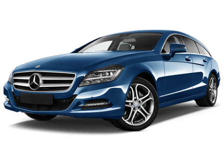 Blauer Mercedes-Benz in Seitenansicht, geparkt auf weißem Hintergrund. Moderne Linienführung, silberne Felgen, markanter Frontgrill.