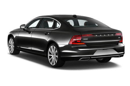 Schwarzer Volvo S90 von hinten, geparkt, mit sichtbar glänzender Oberfläche und silbernen Felgen.