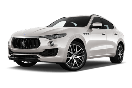 Luxuriöser weißer SUV mit sportlichem Design und markanten Felgen, von schräg vorne fotografiert vor transparentem Hintergrund.