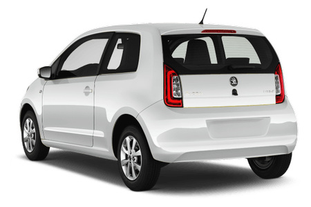 Weißes Kompaktauto von hinten, mit schwarzen Akzenten und modernem Design, auf transparentem Hintergrund.