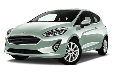 Minzgrüner Ford Fiesta, Vorderansicht, mit glänzenden Felgen und geschwungenem Design, auf weißem Hintergrund.
