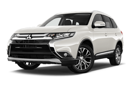 Weißer SUV von Mitsubishi in Seitenansicht, zeigt modernes Design und schwarze Felgen.