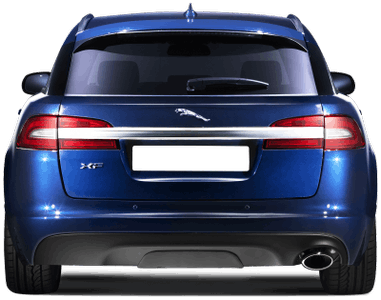 Blauer Jaguar XF von hinten, elegant und modern, mit sichtbarem Markenzeichen und Auspuff.