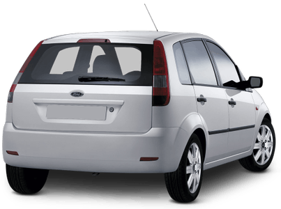 Weißer Kleinwagen, Heckansicht. Rechteckige Rückleuchten und eine schwarze Stoßstange. Der Wagen steht auf einem weißen Hintergrund.