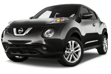 Schwarzer Nissan Juke SUV, seitliche Frontansicht. Kompaktes Design mit markanten Scheinwerfern und silbernen Felgen.
