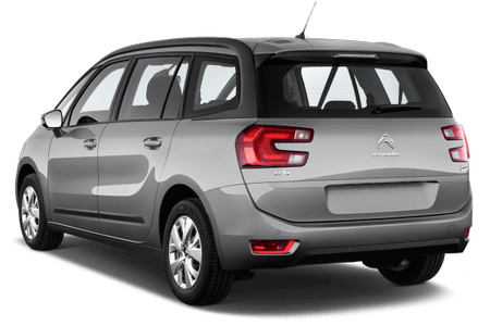 Silberner Citroën Grand C4 Picasso von hinten, gezeigt in einem leicht seitlichen Winkel, mit klaren Rücklichtern und einer Antenne auf dem Dach.