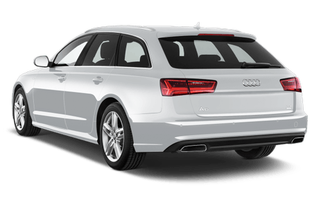 Silberfarbener Kombi von Audi, Rückansicht, mit markanten Rückleuchten und Dachspoiler, auf weißem Hintergrund.
