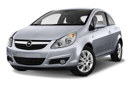 Silberner Opel Kleinwagen, Frontansicht, auf weißem Hintergrund. Auto hat runde Scheinwerfer und verchromte Details am Kühlergrill.