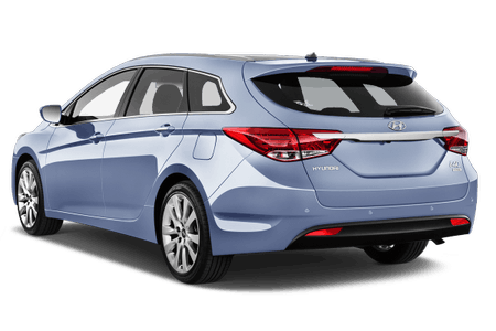 Blauer Kombi (Hyundai) von hinten, geparkt auf weißem Hintergrund. Elegantes Design, rote Rücklichter, silberne Felgen.