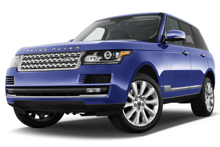 Blauer Range Rover SUV, schräg von vorne fotografiert, auf weißem Hintergrund.