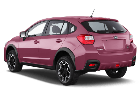 Roter SUV mit schwarzen Felgen und getönten Scheiben. Rückansicht, auf weißem Hintergrund.