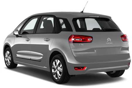 Silberner Citroën C4 Grand Picasso, Rückansicht, auf weißem Hintergrund. Kompaktwagen mit fünf Türen und modernen Rückleuchten.