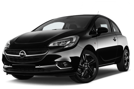 Schwarzer Opel Kleinwagen, seitliche Vorderansicht. Kompaktes Design, glänzende Lackierung und moderne Scheinwerfer.