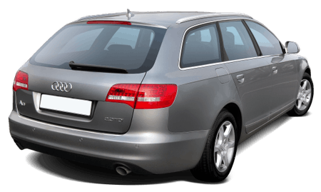 Silberner Audi Kombi von hinten, geparkt, mit roten Rückleuchten und einem Chrome-Logo auf der Heckklappe.