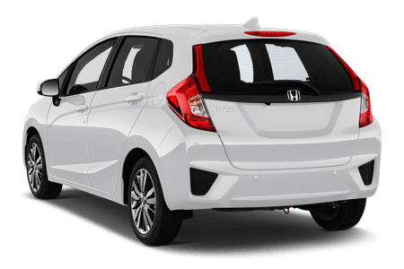 Weißer Honda Kleinwagen, Heckansicht, geparkt vor weißem Hintergrund.