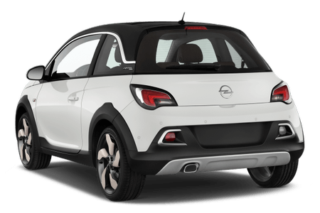 Ein weißer Opel Adam mit schwarzem Dach, von hinten gesehen. Der Kleinwagen hat moderne Rückleuchten und auffällige Radkappen.