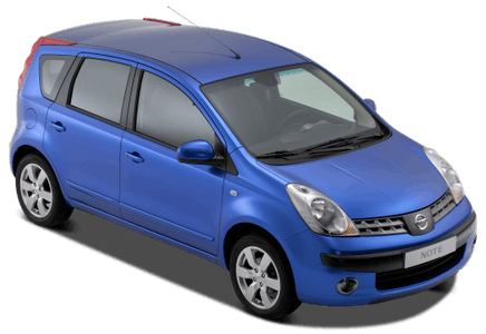 Blauer Kompaktwagen mit fünf Türen, grau getönten Fenstern und einem Antennendach, seitlich fotografiert auf weißem Hintergrund.