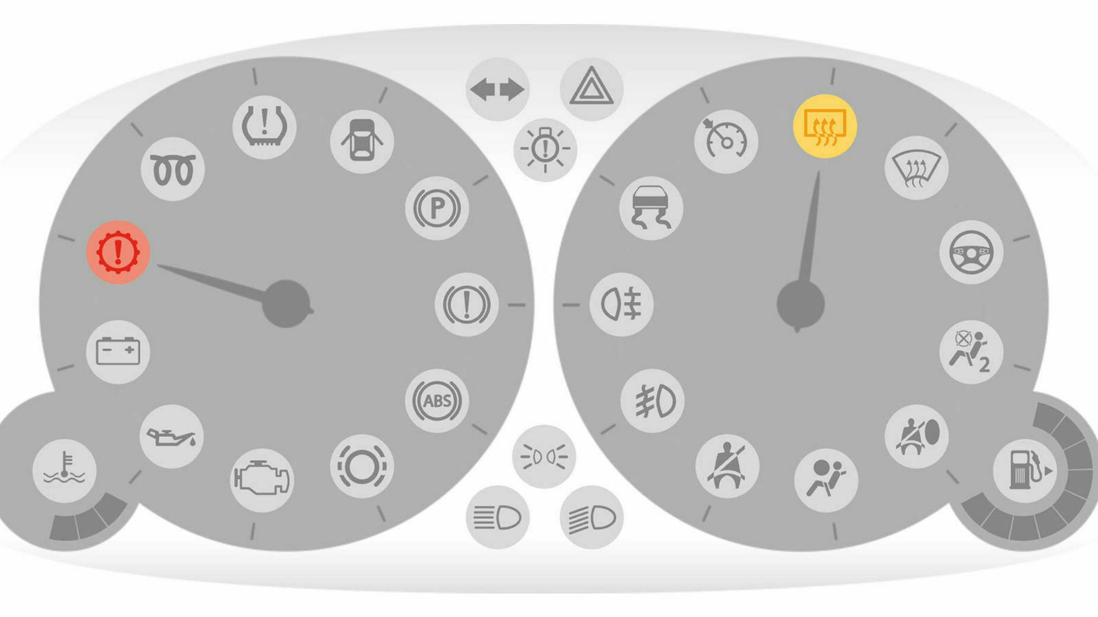Nahaufnahme des Armaturenbrett mit allen optischen Warnsignalen 
