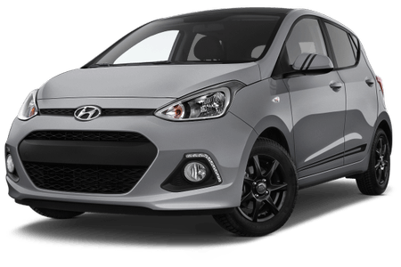 Grauer Hyundai i10 Kleinwagen, Frontansicht, schwarze Räder, moderne Scheinwerfer, auf weißem Hintergrund.