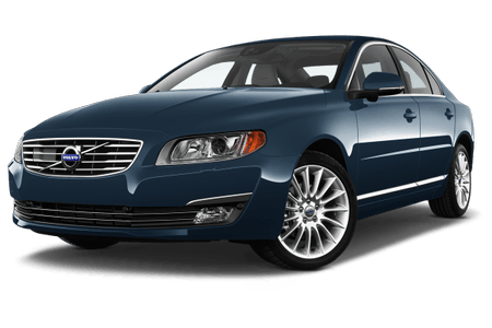 Dunkelblauer Volvo Sedan, Seitenansicht von vorne, silberne Felgen, geschlossener Wagen.