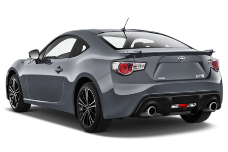 Grauer Toyota GT86 Sportwagen, seitliche Rückansicht. Elegantes Design mit Spoiler und markanten Rücklichtern.