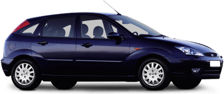 Kompakter, dunkelblauer Fünftürer mit weißen Felgen, seitlich abgebildet auf weißem Hintergrund.