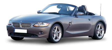 Grauer BMW Z4 Roadster ohne Dach, seitliche Ansicht. Elegantes, zweisitziges Cabriolet mit sportlichem Design und markanten Felgen.