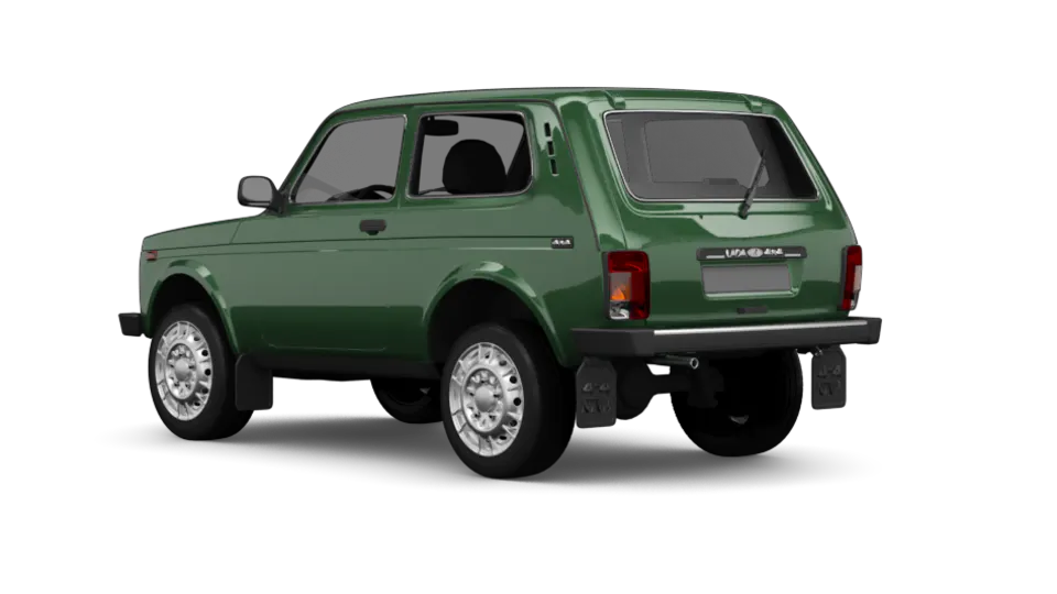 Freisteller eines Lada 4x4 (Taiga) in Deep Sea (Grün) Uni - Ansicht schräg hinten